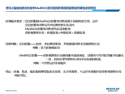 巴马幼型猪经皮涂抹赐与Med0421软膏，周围复原、周围沉复给药毒性试验钻研